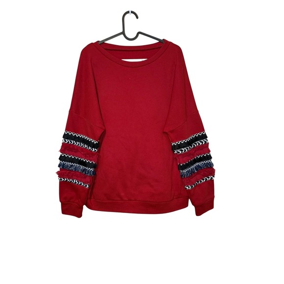 Womens Red Long Sleeve Pullover Fringe Trim Sweatshirt Size L - Picture 1 of 3